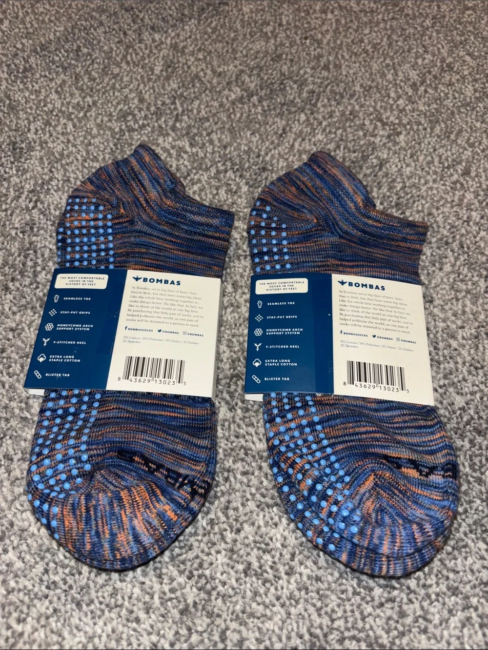 Bombas women’s Gripper No-Show Socks Blue/ Orange Marled size large(women’s 6-9)